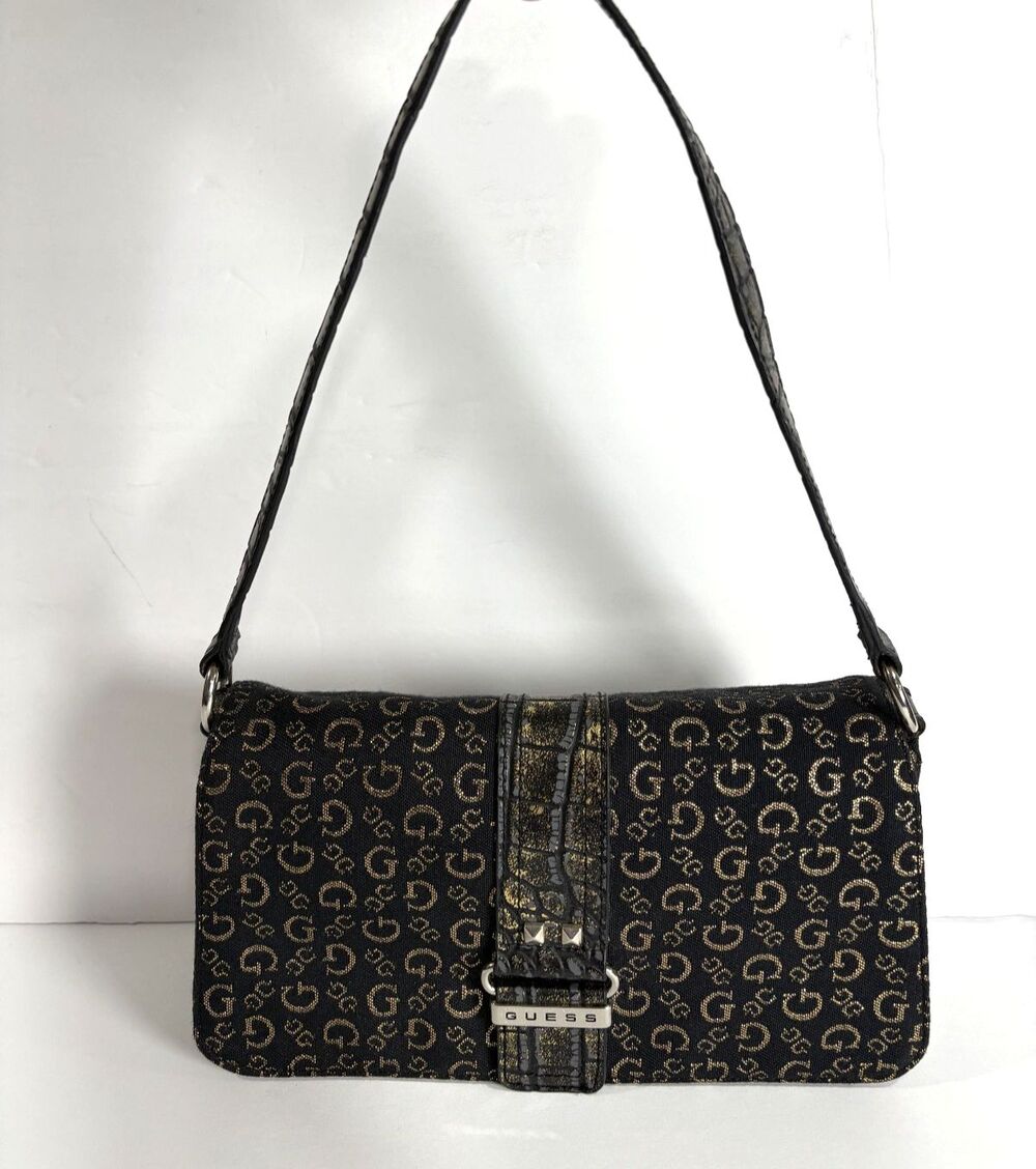 Vintage Guess Small Purse Black Croc-Embossed Monogram Studs Shoulder Bag